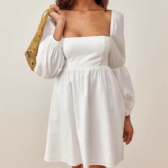 Exlura Square Neck Dress Long Puff Sleeve A-Line Casual Short Mini Dress NWT - Picture 1 of 8